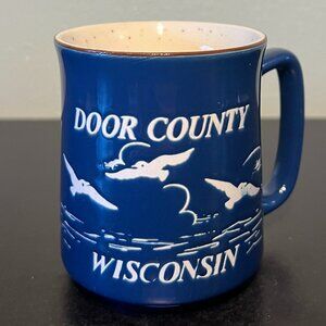 Otagiri DOOR COUNTY WISCONSIN Cobalt Blue Incised White Seagulls Souvenir Mug